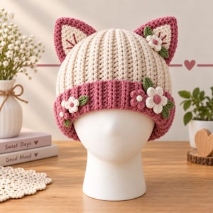 Patrón de ganchillo en PDF para gorro con orejas de gato y estampado floral, gorro de invierno acanalado con flores, talla para adulto, tutorial fotográfico.