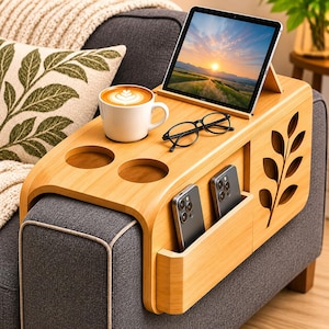 DIY Wooden Sofa Armrest Organizer Plans, Couch Caddy with Cup Holders, Phone Storage, Tablet Stand (PDF Download)