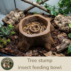 May include: A brown, tree stump-shaped insect feeding bowl with a textured exterior and a central raised pillar. The bowl is filled with numerous mealworms and small insects. The text "SALTYKEEPER" and "Tree stump insect feeding bowl" appear.