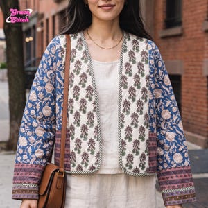 May include: A quilted jacket featuring a cream-colored center panel with a green floral print, flanked by blue sleeves with a floral pattern and a brown leather shoulder bag. The Grace Stitch logo is visible in the upper left corner.
