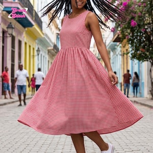 May include: A sleeveless midi dress featuring a red and white gingham check pattern with a round neckline and a fitted bodice that transitions into a full, flared skirt. The garment is branded with the Grace Stitch logo in the upper left corner.