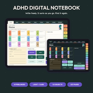 May include: An ADHD digital notebook featuring light and dark mode interfaces with 12 subjects, 223 pages, and hyperlinks. The screen displays a home page with subject boxes, quick notes, and sections labeled Brain Dump, To Do, Ideas, and Questions.