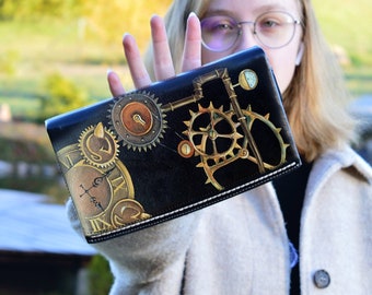 Steampunk wallet wristlet Leather phone wallet clutch Custom hand painted