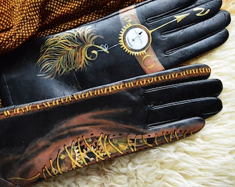 Gepersonaliseerde steampunk handschoenen voor dames, handbeschilderd zwart leer