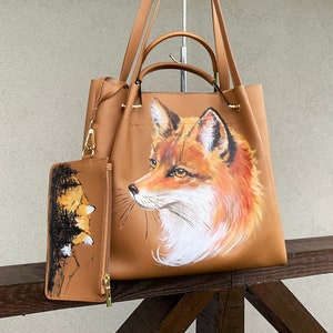 Bolso de piel para portátil para mujer Bolso grande tipo tote Bolso de trabajo marrón pintado a mano Arte de zorro