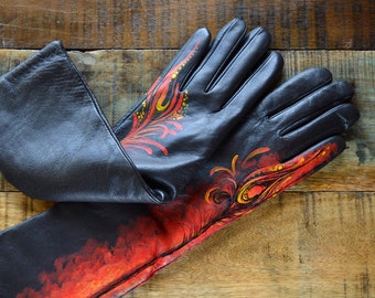 Gants femme Manchettes longues Cuir noir rouge Plume d'art peinte à la main