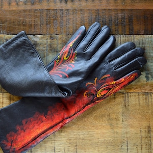 Ladies gloves Long arm warmers Black red leather Hand painted Feather art