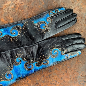 Long gloves Leather ladies gloves blue and black Personalized arm warmers Hand painted
