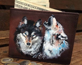 Wolf wallet Thin bifold leather coin purse Woodland wallet for men