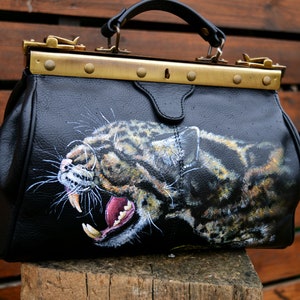 Snow leopard bag Leather doctor bag Hand painted