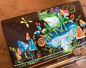 Frosch-Geldbörse, Handgelenktasche, Handyhülle aus Leder, Clutch, individuell handbemalt