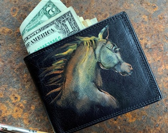 Schlanke Bifold Brieftasche, Herren Leder Portemonnaie, handbemalte Pferdebesitzer Geschenk