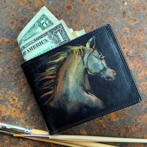 Cartera delgada plegable Cartera de cuero para hombre Regalo para dueño de caballo pintado a mano