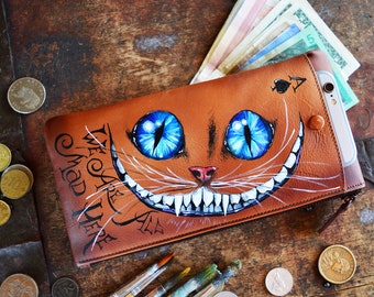 Slim Cheshire smile wallet Steampunk phone wallet leather Hand painted art