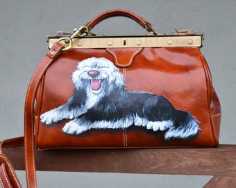 Leather doctor bag Medicine bag Hand painted work bag women with CUSTOM PET PORTRAIT