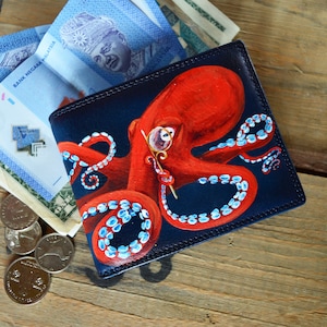 Mens wallet personalized Small leather wallet Kraken art hand painted