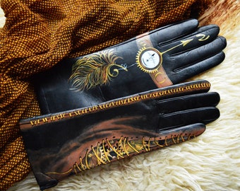 Personalized gloves Steampunk gloves womens hand painted black leather