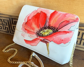 Personalized white leather clutch Bridesmaid envelope clutch Hand painted Red Poppy art