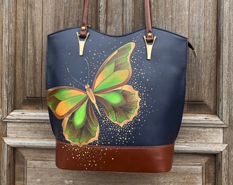 Leather backpack women Convertible backpack purse Hand painted butterfly art