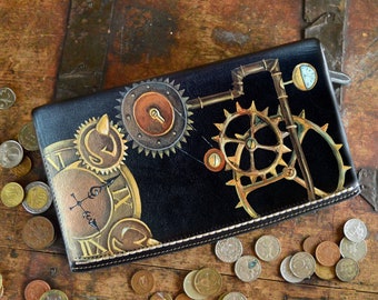 Leather phone wallet clutch Steampunk wallet wristlet Custom hand painted