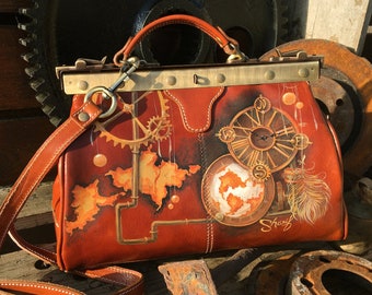 Leather doctor bag Work bag women Hand painted in Steampunk style