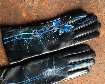 Personalized black leather gloves women Painted teal & blue butterfly art