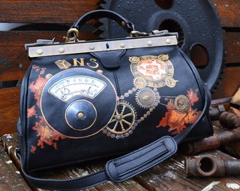 Leather doctor bag Steampunk black purse Personalized bag Hand painted