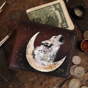 Cartera de lobo de Woodland Cartera de novio Bifold Pintada a mano