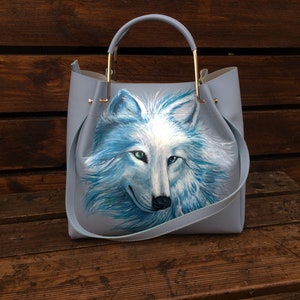 Leather laptop bag Large tote work bag women Personalized hand painted White Wolf art image 1