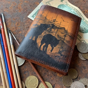 Cartera de cuero para hombre personalizada triple Woodland wolf tarjetero pintado a mano