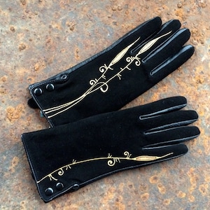 Zwarte winterhandschoenen dames suede dames handschoenen handgeschilderd Op voorraad Maat XS / 6.5