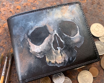 Herren Goth Leder Portemonnaie aus Leder. Handbemalte Schädelkunst. Biker Geschenk