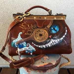 Brown leather doctor bag Cheshire smile Hand painted leather hand bags for women Brown leather