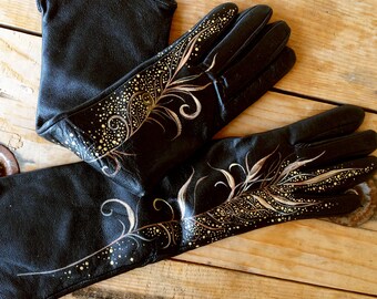 Lange dameshandschoenen. Leren dameshandschoenen. Gepersonaliseerde armwarmers, handbeschilderd.