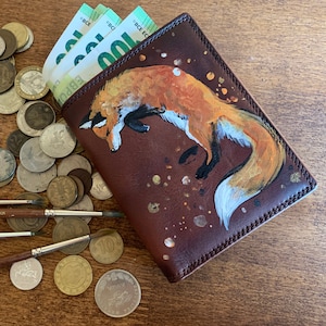 Tarjetero triple personalizado para hombre Cartera delgada con diseño de zorro en cuero pintado a mano