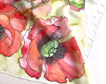 Hand bemalt Mohn Seidenschal Große lange Seidenschal Jubiläum Geschenke Idee