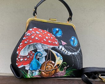 Tiny kiss lock frame purse Mushroom and Cheshire smile bag Hand painted crossbody wallet