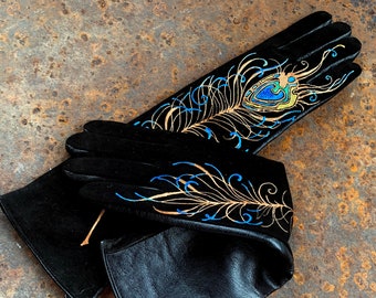 Guantes largos personalizados Guantes de cuero mujeres Pavo real pluma arte pintado a mano