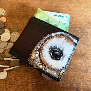 Bonita cartera portatarjetas Cartera fina de cuero Arte de búho pintado a mano