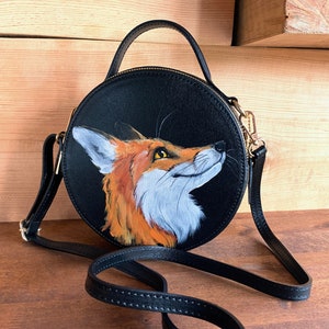 Cartera bandolera con diseño de zorro Monedero circular Bolso redondo de piel Pintado a mano