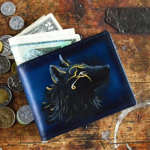 Pequeña cartera de cuero Lindo monedero personalizado hombres Pintado a mano anime Wolf & Moon art