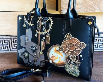 Steampunk leather satchel bag Ladies work bag Hand painted
