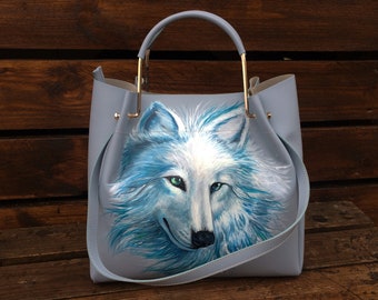 Leather laptop bag Large tote work bag women Personalized hand painted White Wolf art