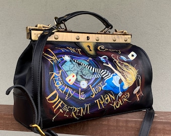 Black leather doctor bag Alice from Wonderland Hand painted leather hand bags for women