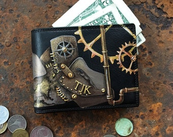 Steampunk wallet Personalized wallet men Hand painted leather