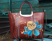 Concealed carry purses. Hand pained leather small handbag. Blue Lotus art