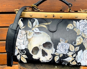Totenkopftasche, Gothic-Handtasche, Gothic-Lolita-Ärztetasche aus Leder, handbemalt