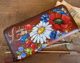 Cartera larga de cuero Monedero de tarjeta lindo pintado mujeres