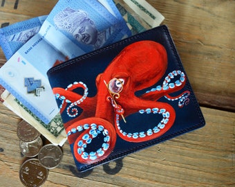 Mens wallet personalized Small leather wallet Kraken art hand painted