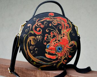 Crossbody box bag Circle purse Small round bag Hand painted Red Fish art